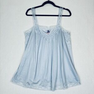 VTG Lingerie Top Blue Lace Nylon Babydoll Embroidered Flowers Camisole Cami Sz M